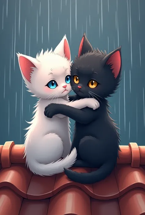 Two male kittens, one has lush white fur and blue eyes, while the other has dark black fur and yellow eyes. These kittens are on a red tile roof when it starts to rain very hard, and both with sad and scared expressions they huddle against each other for w...