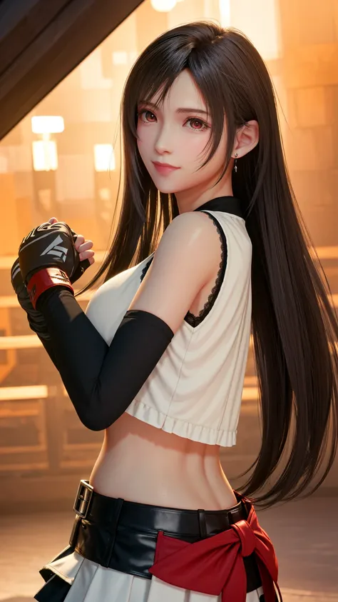 8k,masterpiece, Highest quality, (1 person:1.5), Tifa Lockhart, red_eye, Black Hair, Long Hair, Professional Lighting, (Glowing Skin: 1.2), shiny sweat, ((Highest quality)), Sharp focus: 1.2, Highly detailed face and skin texture, detailed eye, Perfect Fac...