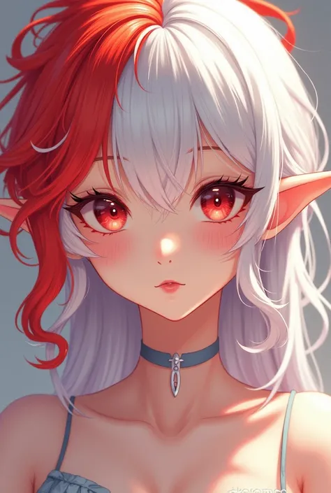 anime girl with long ears, white hair with red curls 