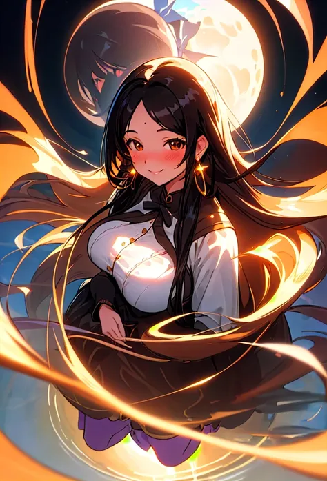 animated, women, love, Long hair, High resolution, masterpiece, High details, high quality, black hair, shiny hair, big breasts, Half moon earrings, smile, Brown eyes, blush, smile ligera, Multiple views, from above, hair ribbon, shine, silhouette, image f...