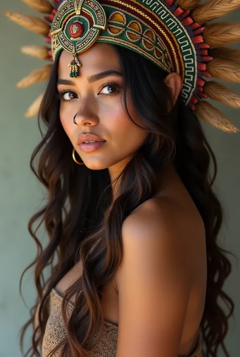 Imagine a beautiful Mayan woman with pronounced Mayan features and adorned with a nashban, a nose ornament that hangs elegantly from your nose to your ears or Mayan Warrior headdress, Profile, leaning forward, looking slightly forward.realist, photorealist...