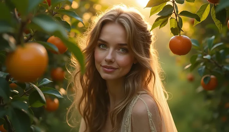 Descreva uma imagem de Eves laughing while hiding between fruits trees of apples and oranges in the enchanting garden of Eden with. Eve is in her mid 20s, emerald color eyes, extremey beautiful, long light brown hair, dressed in leaves. emanating a divine ...