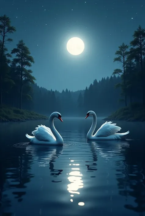 Realistic moon reflecting in a lake, with realistic trees and slightly glowing stars and two realistic swan