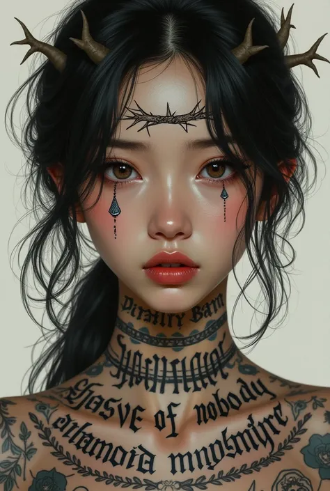 A brunette woman with slightly Asian features, very beautiful and a little sad with tattoos all over her body, one says "slave of nobody" another says " Owner of my life" On his face next to his eyes he has tattooed tears and a crown of thorns on his foreh...