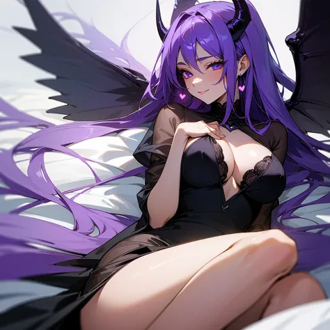 ((masterpiece)), ((best quality)), (ultra-detailed), ((sexy)), (ero), dynamic angle, luxury bed, night, moon, a pretty woman, solo, demon, devil, beautiful purple hair, beautiful purple eyes, ((beautiful eyes)), white-skinned, long hair, large breasts, Dev...