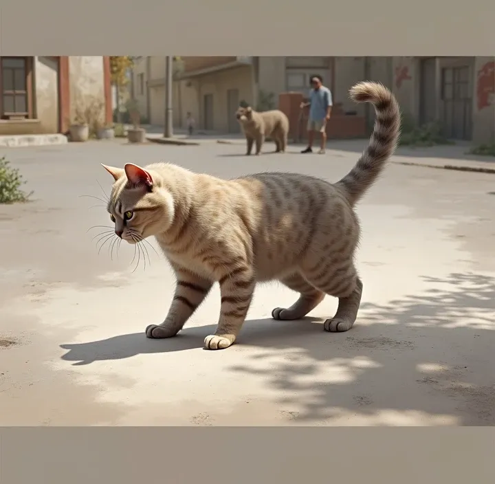 An AI cat that stands realistically like a human must be realistic like a cat in the real human world to avoid being cartoonish ，Only the feet are hanging，Hands to belly，The overall cheeks are fatter and must be realistic, like a real cat