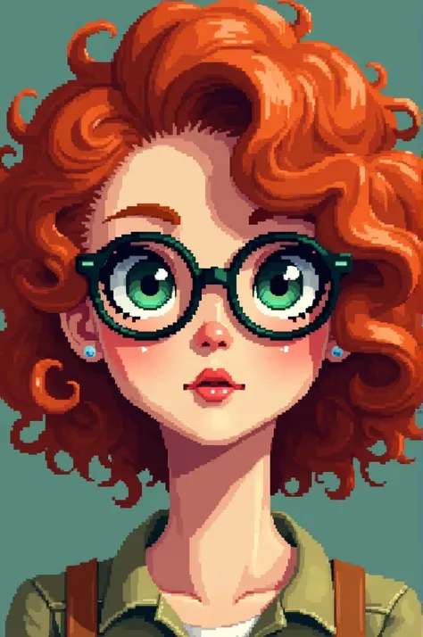 Image of a redhead, curly hair, Green eyes and glasses. Image as if it were images from old video games, like big pixels 