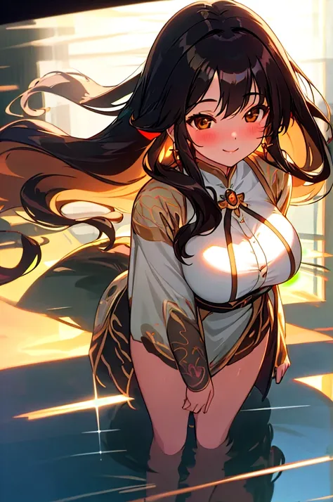 animated, women, love, Long hair, High resolution, masterpiece, High details, high quality, black hair, shiny hair, big breasts, Half moon earrings, smile, Brown eyes, blush, smile ligera, Multiple views, from above, hair ribbon, shine, silhouette, image f...