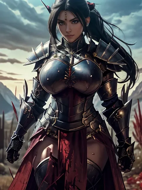 (masterpiece, top quality, best quality, official art, beautiful and aesthetic:1.2), (1girl:1.3), ((Sharp facial features,european, sharp features, hawkish features)), ((big hair, long black hair, ponytail)), big tiddy chaos warrior girl, extremely detaile...