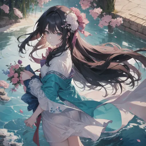 ong hair anime girl walking on water gracefully, beautiful lady, surrounded by flowers, sparkling glass