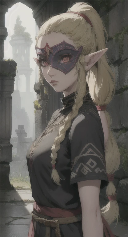 Modern Hylian, Hylia, blonde, red eyes, looking at viewer, POV, modern clothing, cultist eye mask, ponytail braids hairstyle, ancient Hyrule ruins,