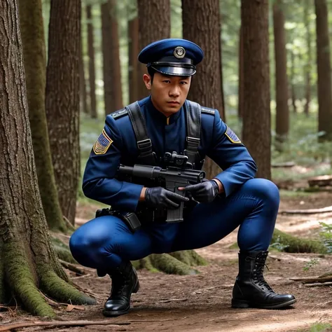 30 years old,One Man,、Blue full-body tights、、Shocker Belt、Black gloves、Black boots、Blue Beret Combatant、With a handgun on his hip、In the woods、Surrounding explosions and blast waves　Sit with your legs apart against a tree。logic, ,Black Hair。Pretty short an...