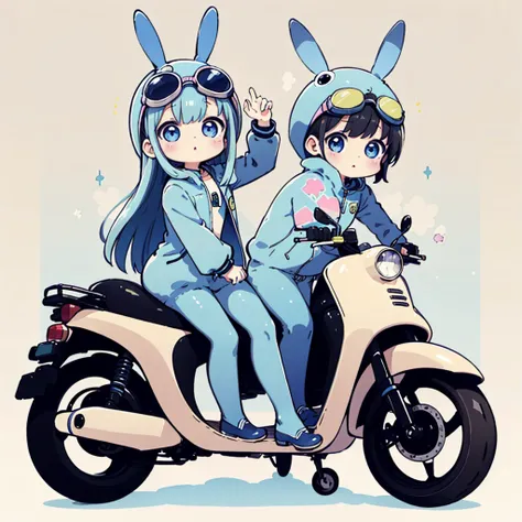 Perfect Anatomy、Highest quality、Masterpiece、Blue rabbit costume、Big goggles on your head、A cute, futuristic scooter in pastel colors、A cutely designed rider suit、White background、Poster,Blue rabbit costume、kawaii tech,