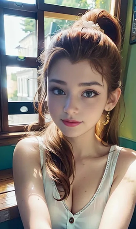 Photo of a 14 year-old american girl, .RAW, beautiful teenage girl, (Long brown hair with ponytail), light brown hair ponytail hairstyle((portrait)), ((detailed face:1.2)), ((detailed facial features)), (finely detailed skin)  , (Tabletop) (perfect proport...