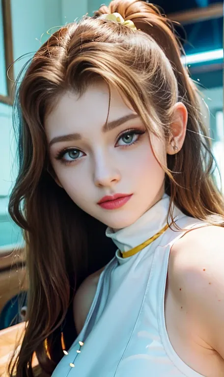 Photo of a 14 year-old american girl, .RAW, beautiful teenage girl, (Long brown hair with ponytail), light brown hair ponytail hairstyle((portrait)), ((detailed face:1.2)), ((detailed facial features)), (finely detailed skin)  , (Tabletop) (perfect proport...