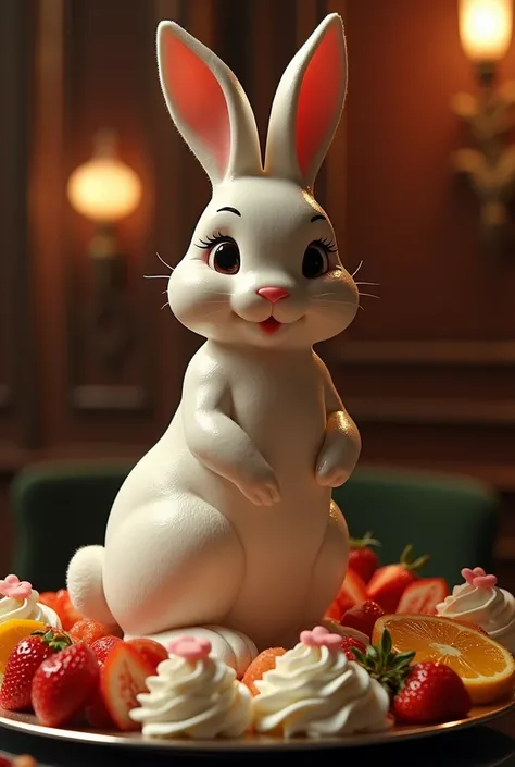 Beautiful and detailed bunny in a casino.、、full body portrait、Shot from directly above the center of the front of the body.、close up、（It sits on a large silver tray decorated with cut fruit and whipped cream..：1.4）、（Thighs raised and legs wide open：1.7）、(D...