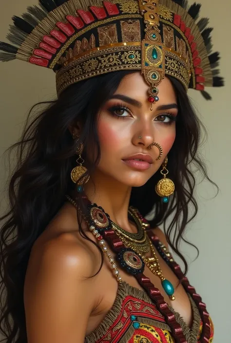 Imagine a beautiful Mayan woman with pronounced Mayan features and adorned with a nashban, a nose ornament that hangs elegantly from your nose to your ears or Mayan Warrior headdress, Profile, leaning forward, looking slightly forward.realist, photorealist...