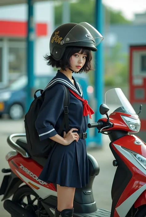 documentary photo, realistic, dramatic scene, very beautiful Japanese high school girl, punk rock styled mature bad girl, short curly-haired, standing side of a scooter, at a gas station, masterpiece, (face focus:1.3), clear helmet visor, Shoei Helmets in ...