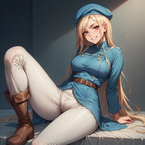 Falin Touden. Falin usually wears a white long-sleeved shirt and white pants., all under a dark blue tunic. She completes her look with knee-high brown boots and a beret that sets her apart.. look at the viewer (masterpiece, high quality: 1.1) smile