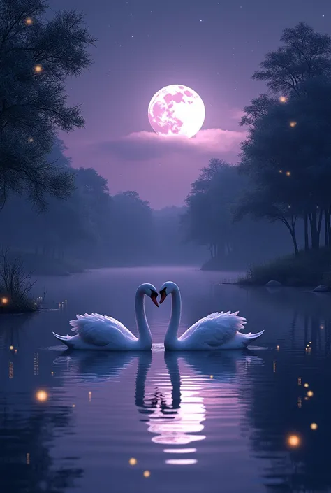 Realistic moon reflecting in a lake, with realistic trees and slightly glowing stars and two realistic swans one behind the other, with many fireflies flying. with purple tones