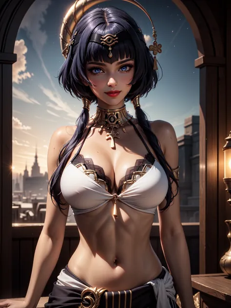 ((masterpiece)),(bestquality),((ultra-detailed)), ((beautiful detailed sky)), ((cinematic lighting)), depth of field, (dynamic angle),detailed lighting,(beautiful detailed eyes),outdoors, red lip, smile,navel, eyeshadow,large breast, sexy, cleavage, candac...