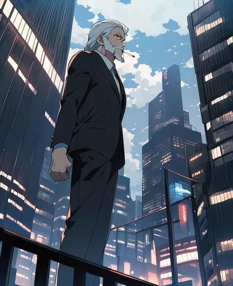 Older man with a white beard, and a patch on his right eye, wearing black suit, standing smoking, Looking at the sky,on top of a skyscraper in a city, anime style 