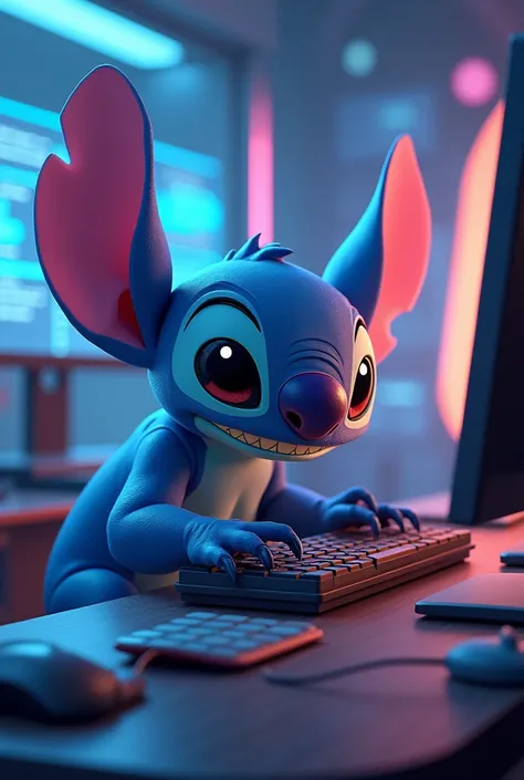 Stitch the blue alien working on a computer 


