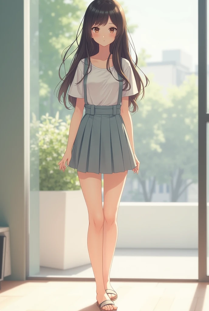 Japanese gal with long hair, baby face, narrow eyes, small face,  junior high school girl、42kg、155cm、Slim legs、Crisp body shape、The pelvis is very thin,Form Grain,photograph,Full body angle
