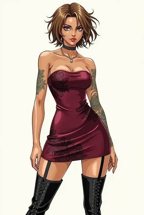 A self-portrait in manga style Jojos bizarre adventure Brunette blonde woman brown eyes, short hair with wine-colored strapless dress with black flowers, black high lace-up boots, tattoos on arms.