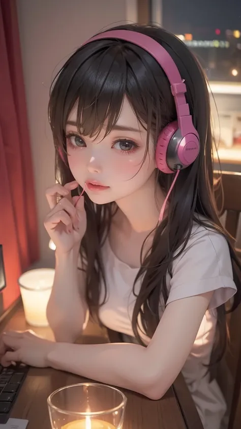 Girl listening to music in cozy room at night, Using headphones, 2D style anime, low fidelity, harddisk, Dark Environment, Enlarge her photo