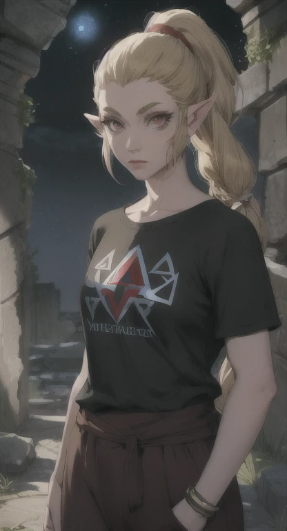 Modern Hylian, Hylia, blonde, red eyes, looking at viewer, POV, T-shirt, pants, ponytail braids hairstyle, ancient Hyrule ruins, night,