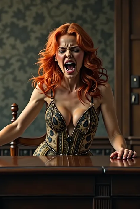 Redhead woman dressed elegantly screaming behind a desk 