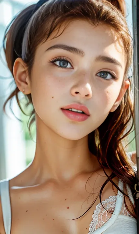 photo of a 14 year-old american girl, .raw, beautiful teenage girl, (long brown hair with ponytail), light brown hair ponytail h...