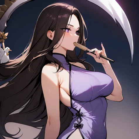 light purple Cheongsam，scythe，1 brunette beauty, Long hair, goose biting a fan, masterpiece,high resolution, 