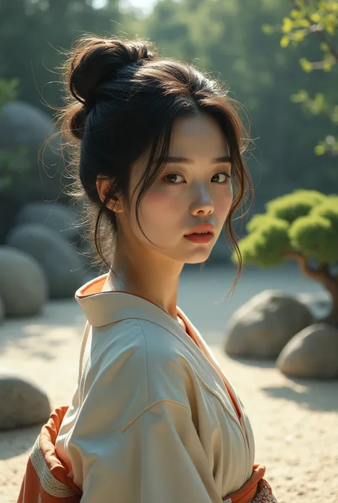 A traditional Japanese woman with messy hair in a zen garden.