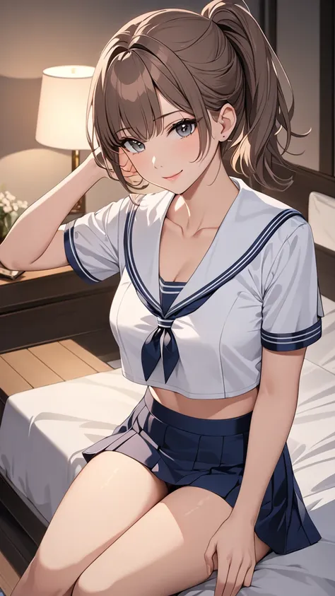 Highest quality　masterpiece　High resolution　masterpiece　Brown Bob　　Grey Eyes, high pony tail cut, wearing sailor uniform, seductive smile, tight, sit, bedroom, midriff peek, mature female, adjusting hair, night