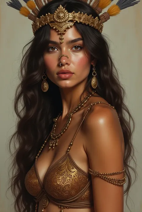 Imagine a beautiful Mayan woman with pronounced Mayan features and adorned with a nashban, a nose ornament that hangs elegantly from your nose to your ears or Mayan Warrior headdress, Profile, leaning forward, looking slightly forward.realist, photorealist...