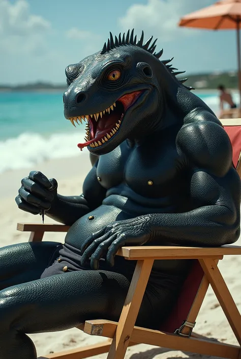 Anthrophobic black lizard,sweating,playing with his nipples, muscluar bulk,male,on beach chair sticking his tongue,only wearing a underwear,close view