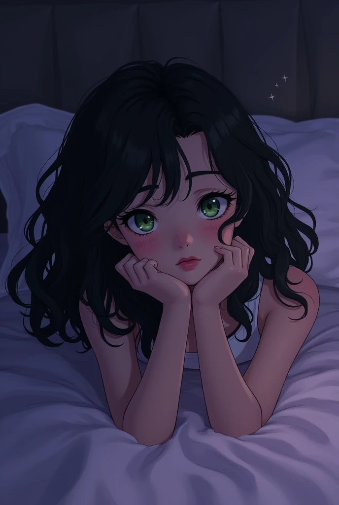 Teenage girl green eyes black wavy hair lying in bed at night with purple lighting 