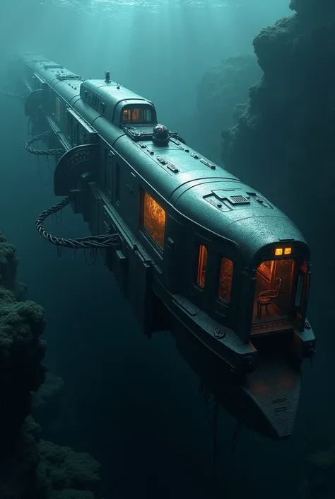 Create me a futuristic train under the sea without fish, gothic art style  

