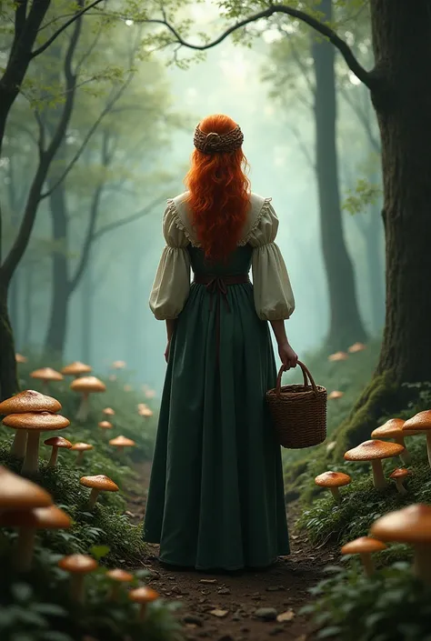 Realistic forest with morning fog and red-haired woman from behind dressed in medieval clothes holding a basket. With mushrooms on the forest floor. 