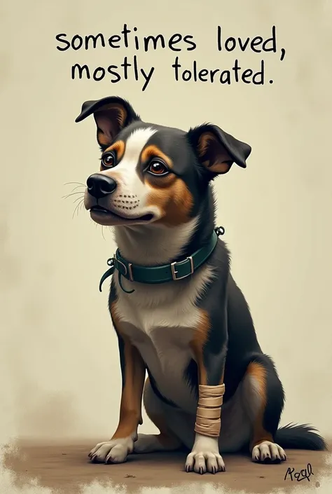 A poster of an not animated injured dog with quote  sometimes loved , mostly tolerated 