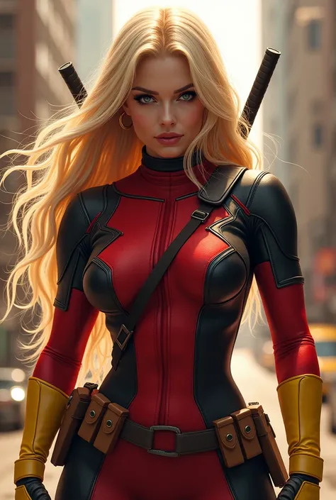 ((sin mascara))),(((Without swords))),(((lady deadpool))),(((A beautiful woman with long blonde hair))),(((bajo el manto de Wanda Wilson alias lady deadpool))),(((fighting pose))),(((Long yellow gloves))),(((lady deadpool))),(((Yellow boots long up to his ...