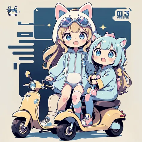 Perfect Anatomy、Highest quality、Masterpiece、Blue rabbit costume、Big goggles on your head、A cute, futuristic scooter in pastel colors、A cutely designed rider suit、White background、Poster,Blue rabbit costume、kawaii tech,