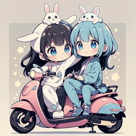 Perfect Anatomy、Highest quality、Masterpiece、Blue rabbit costume、Big goggles on your head、A cute, futuristic scooter in pastel colors、A cutely designed rider suit、White background、Poster,Blue rabbit costume、kawaii tech,