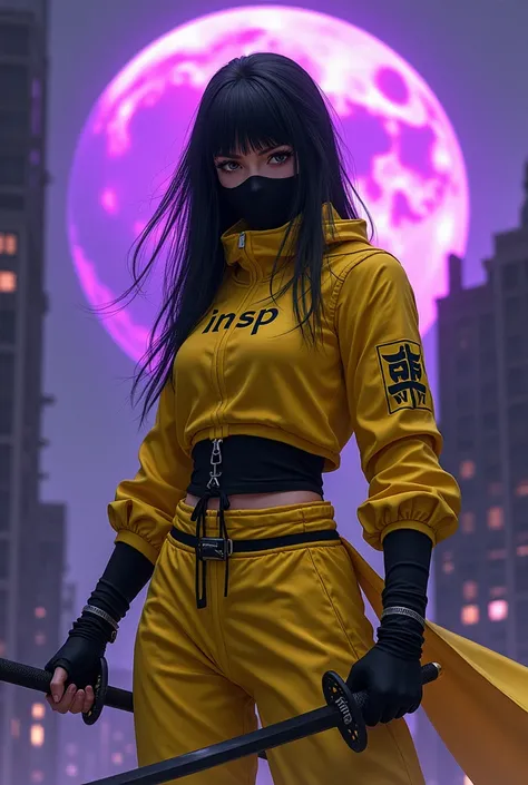 Woman in yellow Subzero ninja style clothing with the words INSP written on it, with ninja swords, with hood and mask covering the mouth, with long black hair, black eye, in the city with purple moon behind