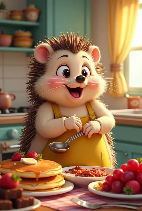 A fat animated Disney-style hedgehog cooking a breakfast with pancakes, strawberries, chocolate, grapes, ham, bacon 