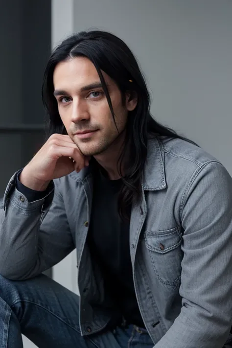 Handsome, thin muscular White man,  goth long black hair, male in his 30s, unshaved stubble, gray eyes, deep eyes, wearing a black jacket, a t-shirt, and jeans, soft smiling, deep blue gray eyes, telekinesis 