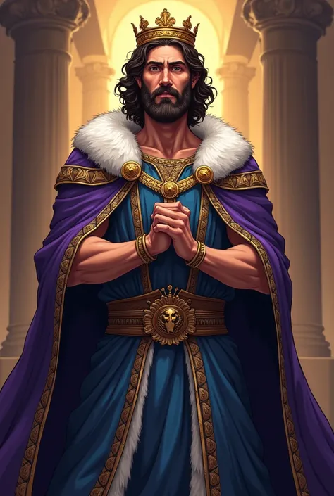 David full body, must be portrayed in royal and imposing clothing, like a cloak of purple or dark blue with gold or silver details, symbolizing his position as king. Your costume may include an elaborate crown or tiara., reflecting their royal status. Your...