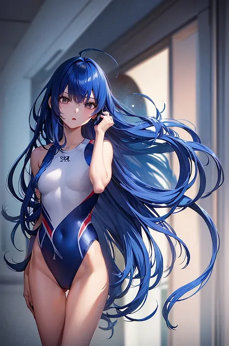 masterpiece, best quality,anime style, 1 girl,(((slender body))), (((small breast))),(((competition swimsuit))), (beautiful face), (((long hair))), (((straight hair))), ((((blue hair)))),detailed beautiful skin, (perfect hands, perfect anatomy),scream